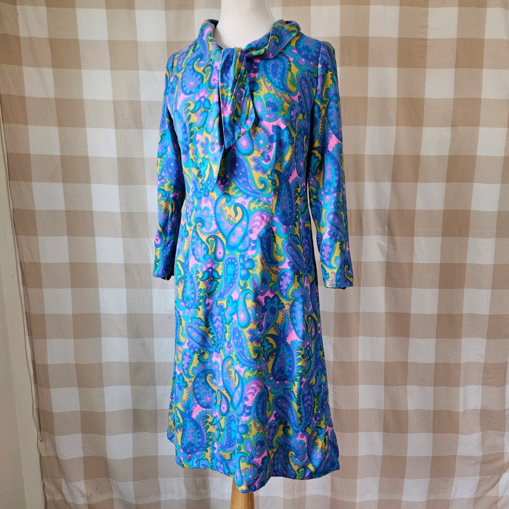 VTg 60s 70s Handmade Psychedelic Paisley Print Long Sleeve Tie Neck Dress‎ S/M